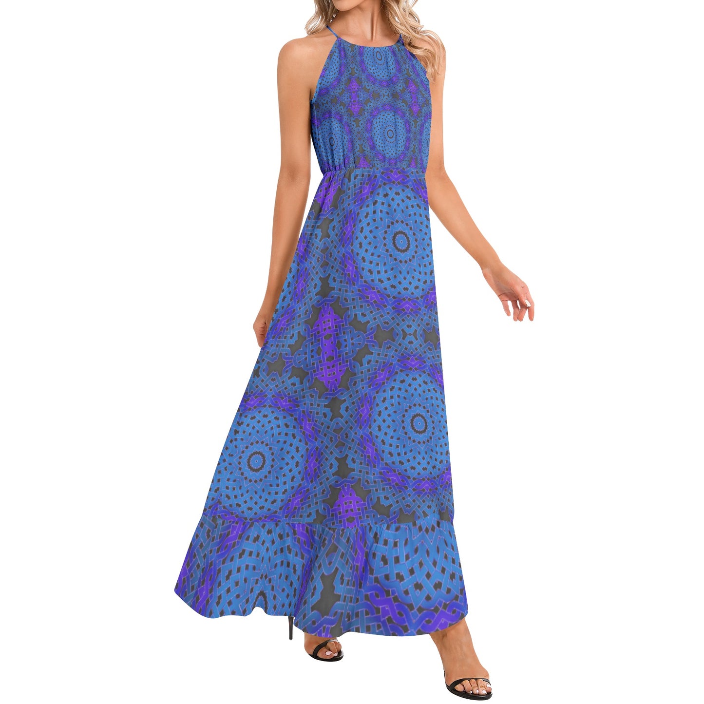 Blue Celtic Knots Kaleidoscope Ruffle Hem Halter Neck Maxi Dress