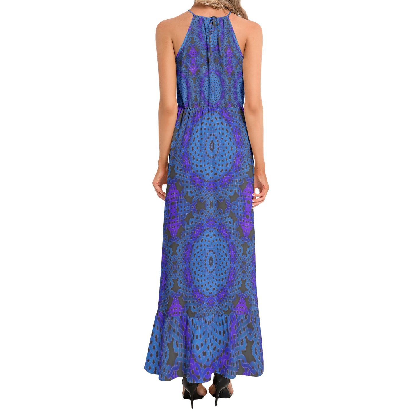 Blue Celtic Knots Kaleidoscope Ruffle Hem Halter Neck Maxi Dress
