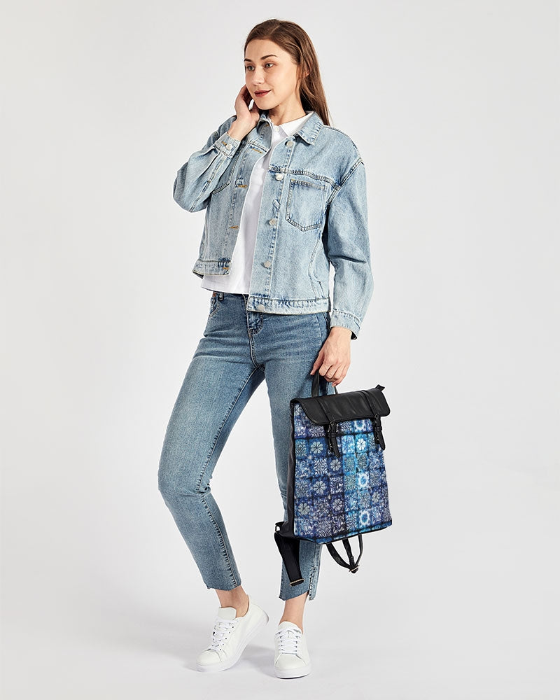 Blue Ice Crystals Motif Casual Flap Backpack