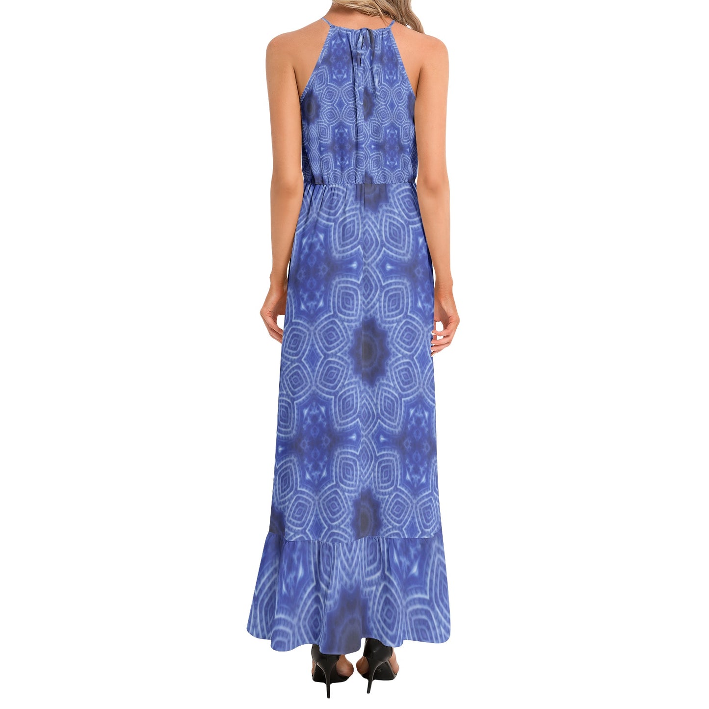 Blue and White Striped Kaleidoscope Ruffle Hem Halter Neck Maxi Dress