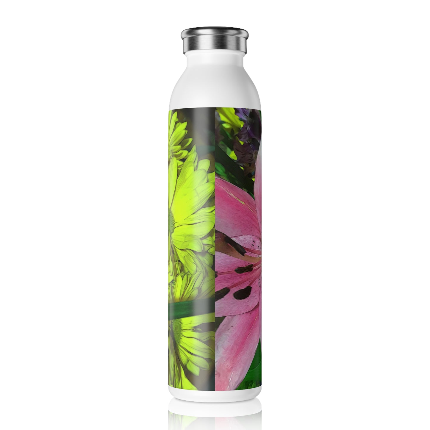 Floral Lily Slim Water Bottle — Pink & Yellow Botanical Insulated Bottle