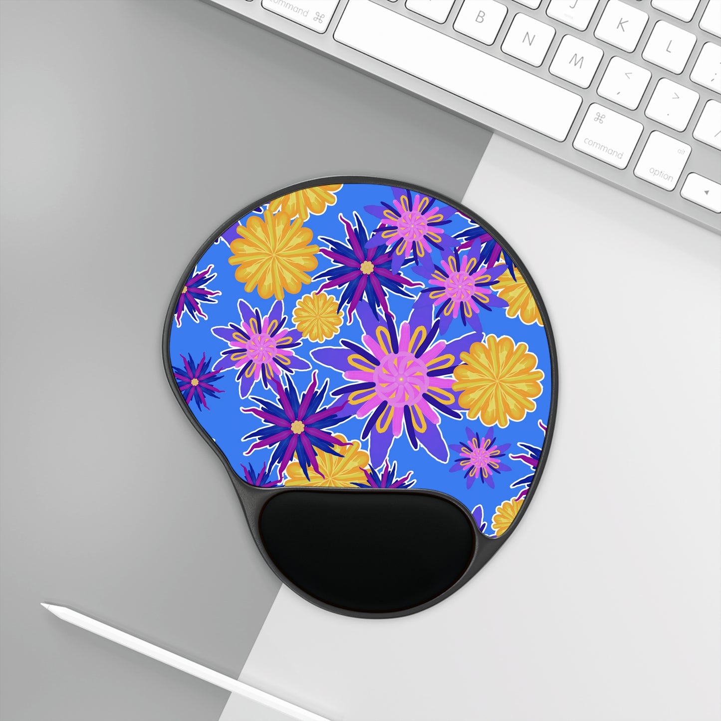 Fanciful Flowers on Blue Mouse Pad With Wrist Rest