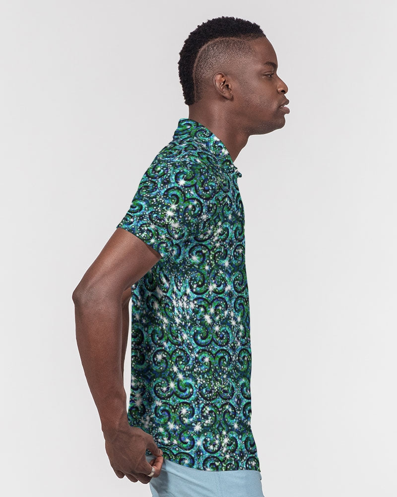 Blue Ice Sparkle Swirl Men's All-Over Print Slim Fit Short Sleeve Polo