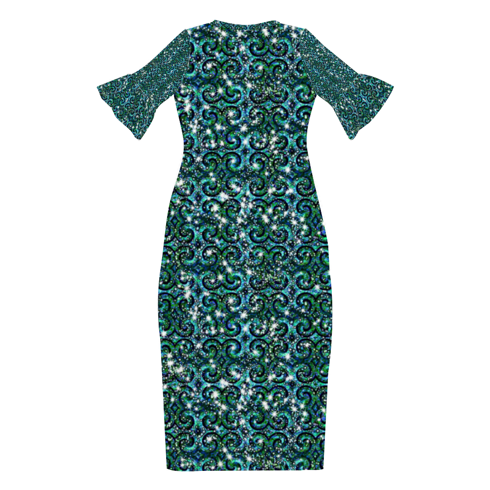 Blue Green Sparkle Swirl Custom Lotus Leaf Short Sleeve Long Dress Women's Summer Fashion Dress