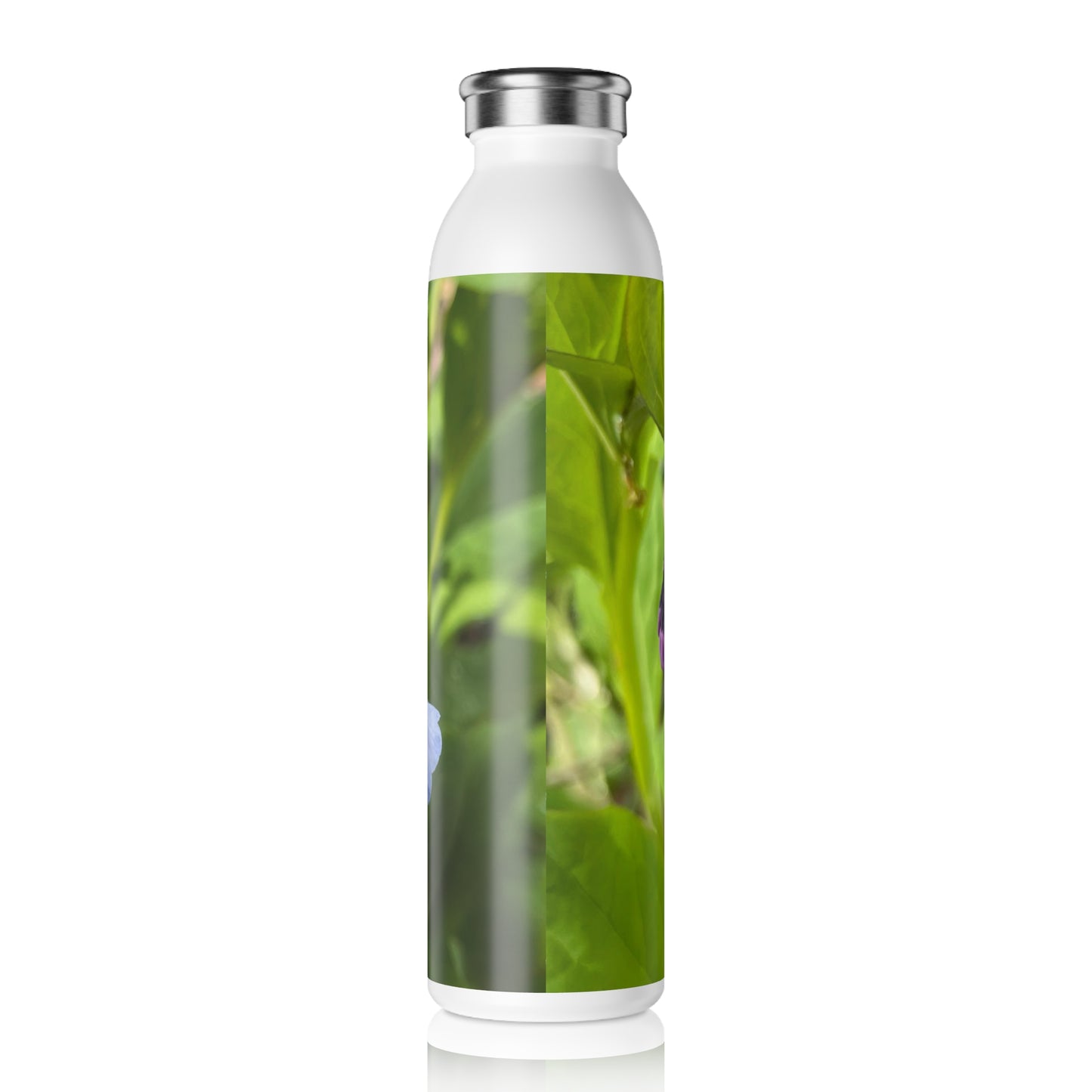 Blue and Purple April Wildflowers Slim Water Bottle, Eco-Friendly Hydration, Gift for Nature Lovers, Yoga Bottle, Spring Celebrations
