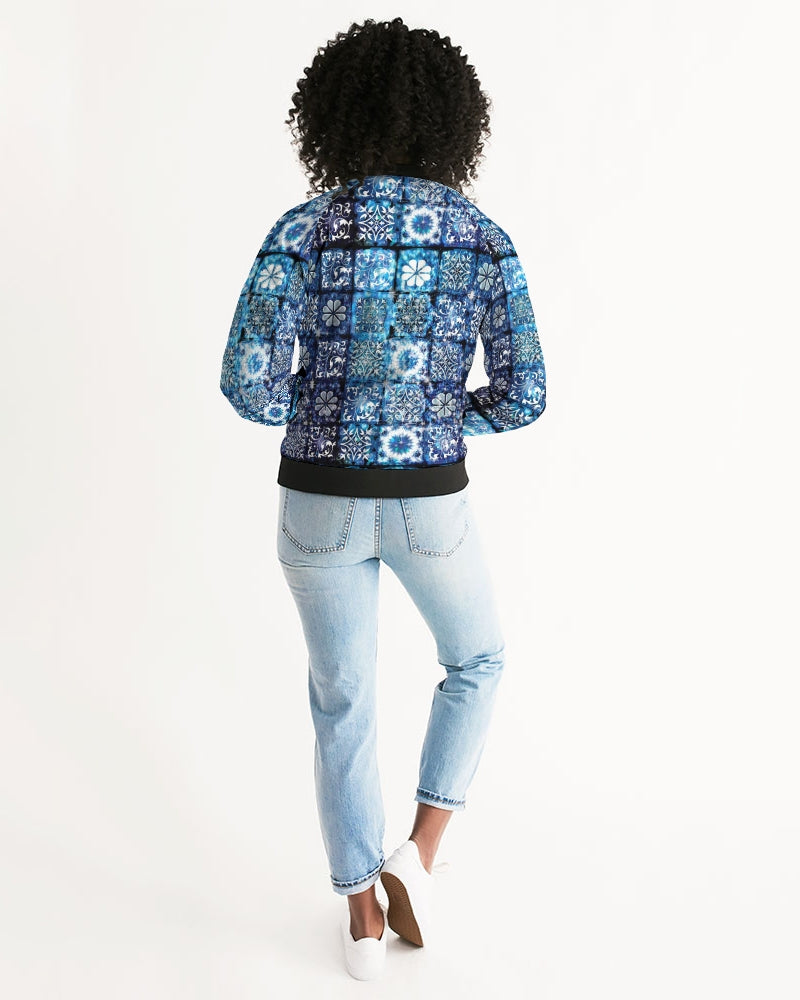 Blue Ice Crystals Motif Women's All-Over Print Bomber Jacket