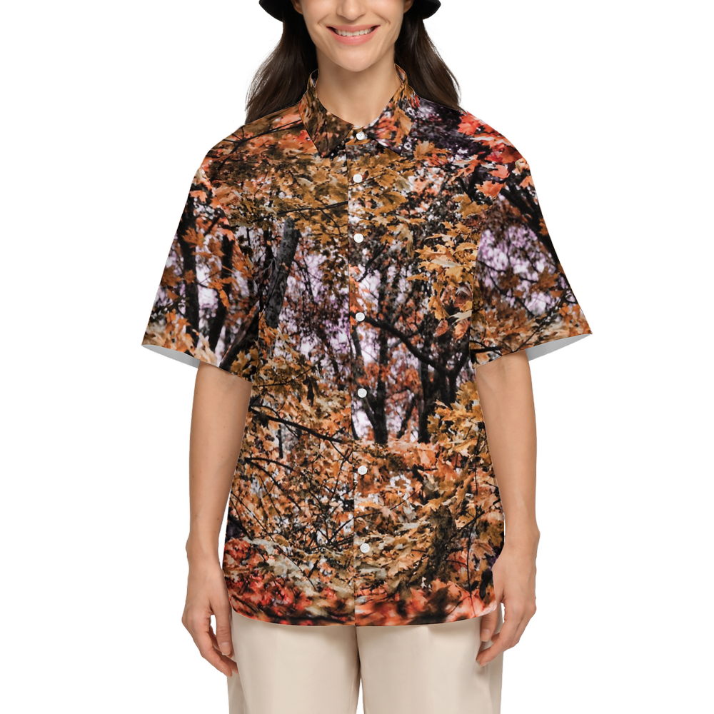 Fall Windy Leaves Women's Short-Sleeve Button-Up Shirt-Cotton Feel