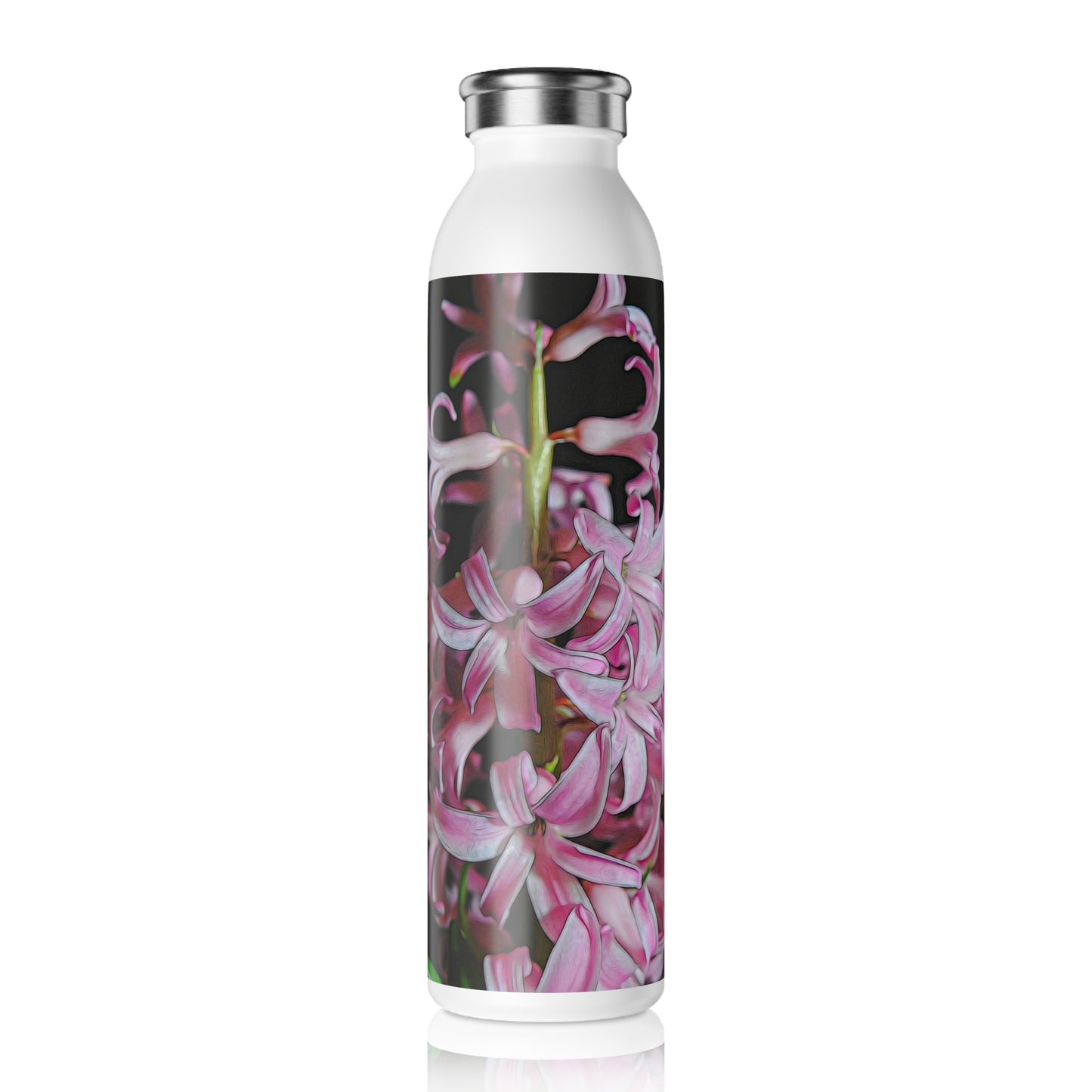 Pink and White Hyacinths Slim Water Bottle - Stylish Hydration for Nature Lovers, Travel Mug, Gift for Gardeners, Eco-Friendly Drinkware, Hydration on the Go