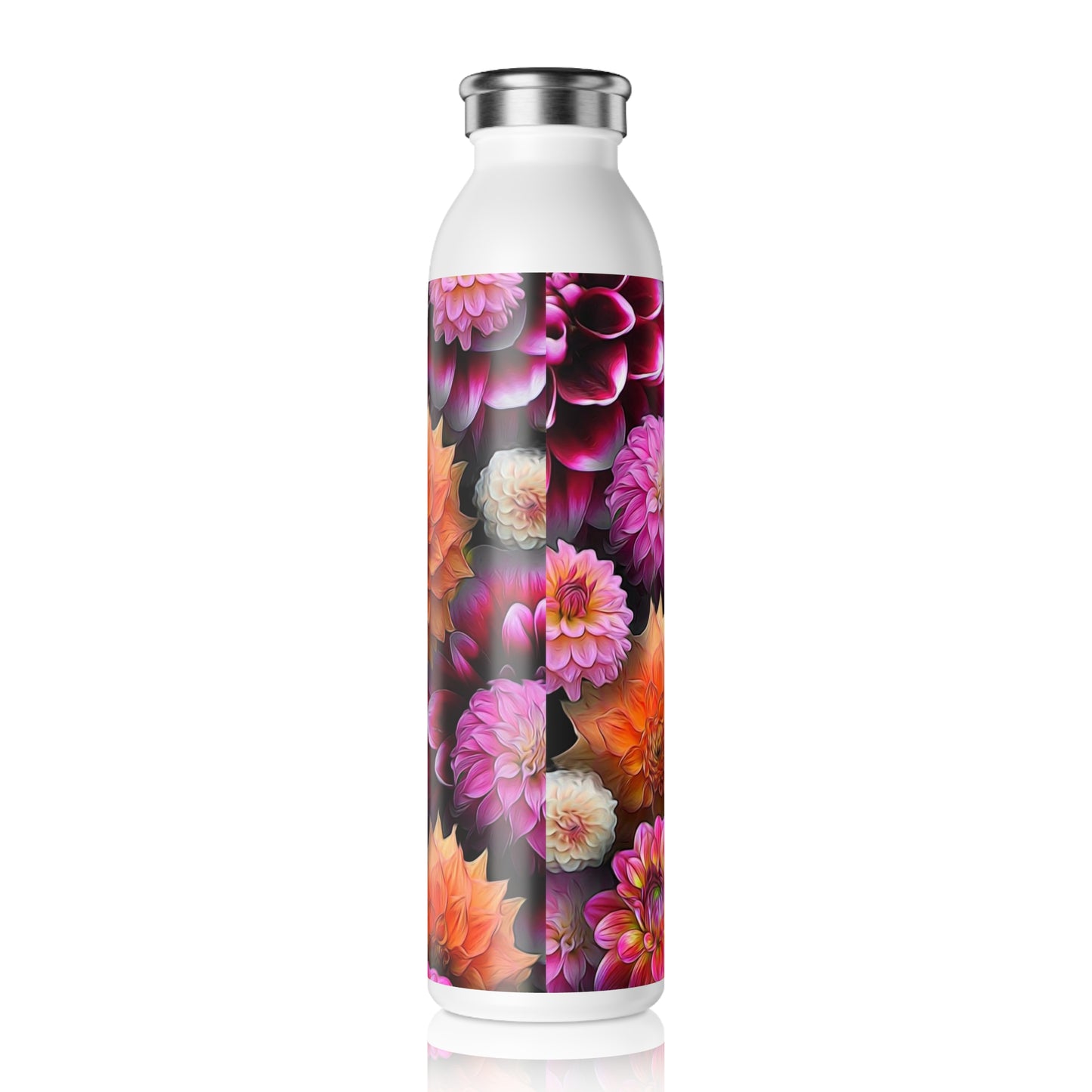 Pink and Orange Dahlias Slim Water Bottle - Eco-Friendly Hydration, BPA-Free Drinkware, Perfect for Fitness, Yoga, Summer Days, Gifts