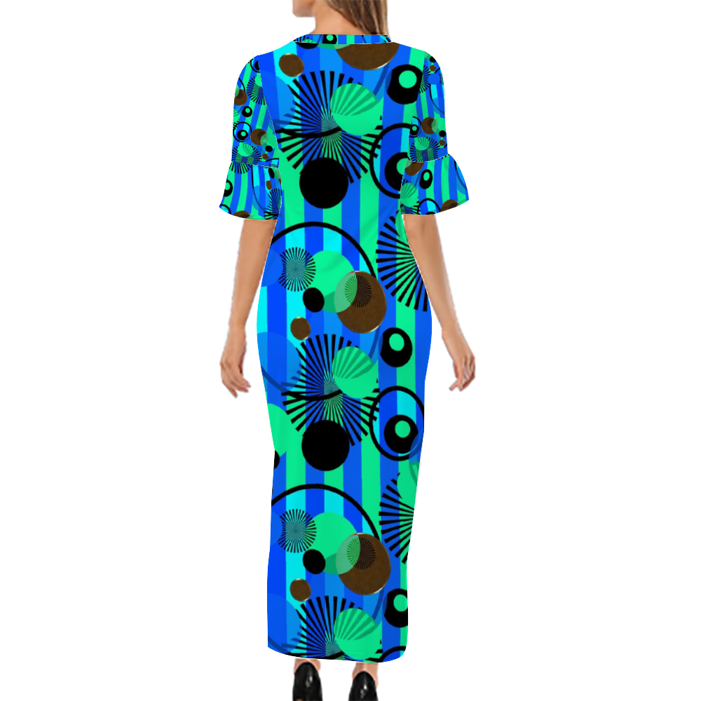 Blue Green Stripes and Dots Custom Lotus Leaf Short Sleeve Long Dress Women's Summer Fashion Dress