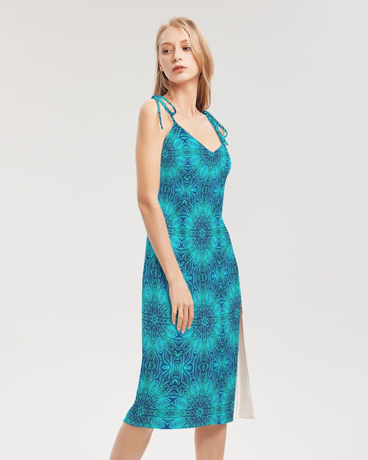 Blue Ice Kaleidoscope Women's All-Over Print Tie Strap Split Dress