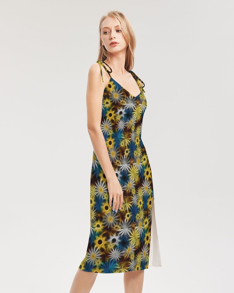 Blue and Yellow Glowing Daisies Women's All-Over Print Tie Strap Split Dress