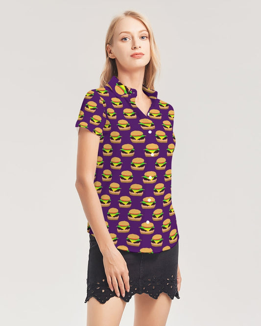 Cheeseburger Pattern Women's All-Over Print Short Sleeve Button Up