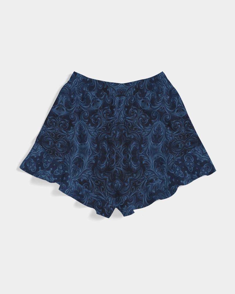 Blue Faux Velvet Kaleidoscope Women's All-Over Print Ruffle Shorts