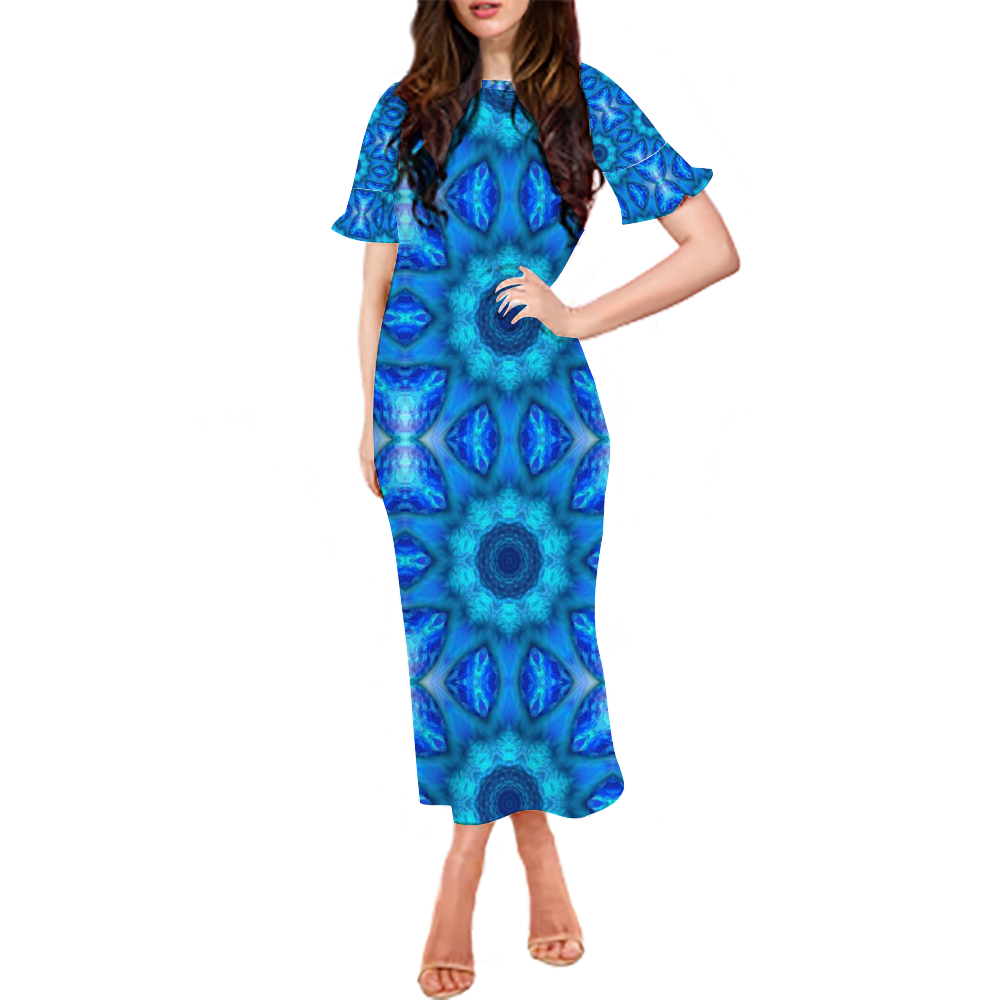 Blue Ocean Kaleidoscope Custom Lotus Leaf Short Sleeve Long Dress Women's Summer Fashion Dress