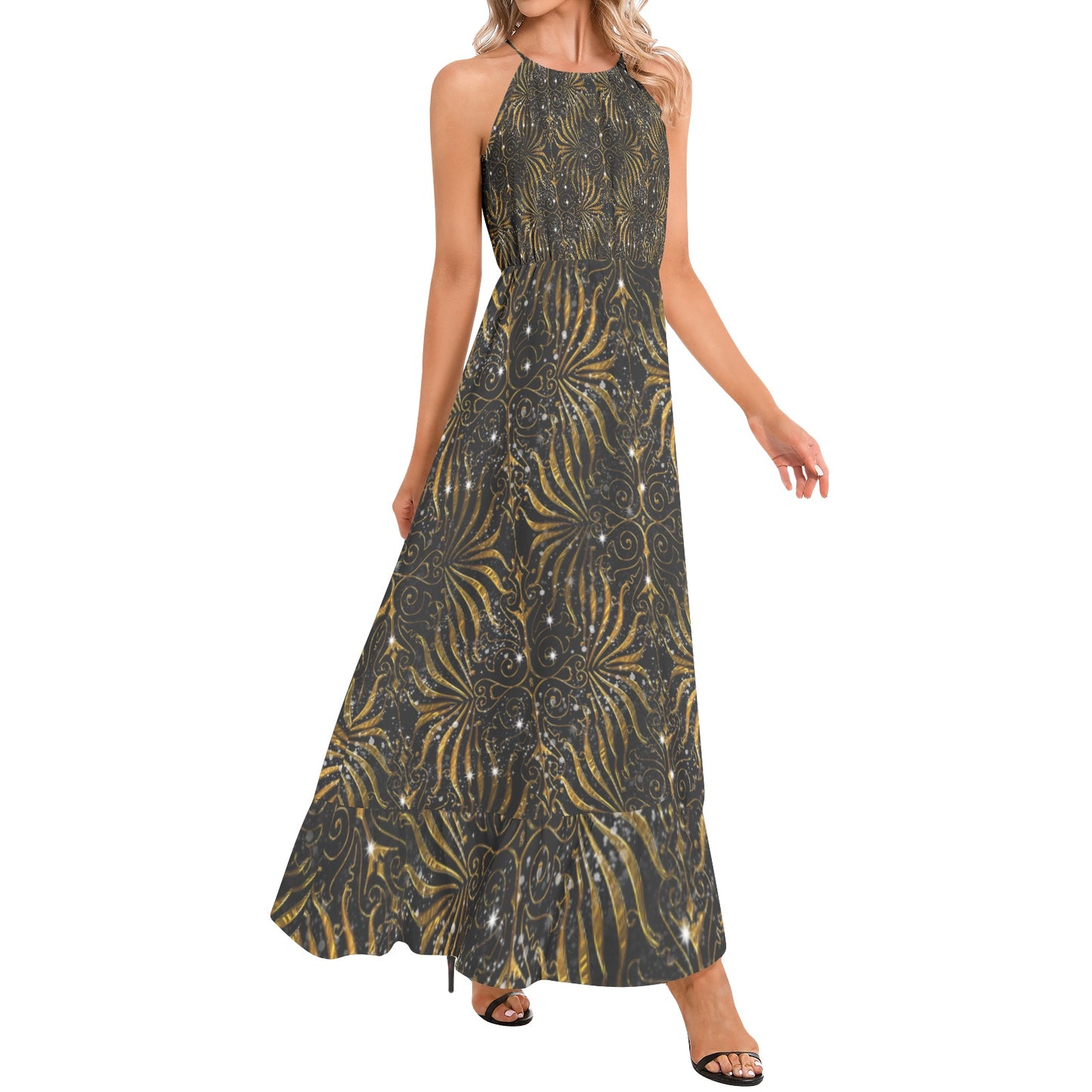 Black and Gold Victorian Sparkle Ruffle Hem Halter Neck Maxi Dress