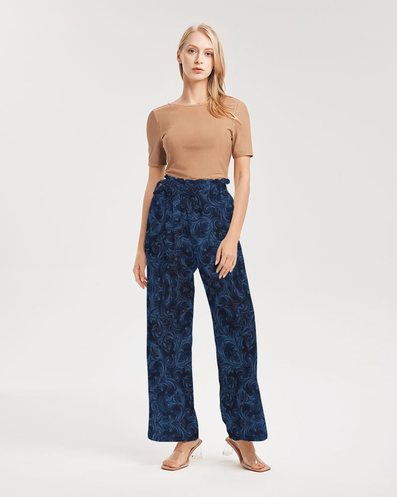 Blue Faux Velvet Kaleidoscope Women's All-Over Print High-Rise Wide Leg Pants