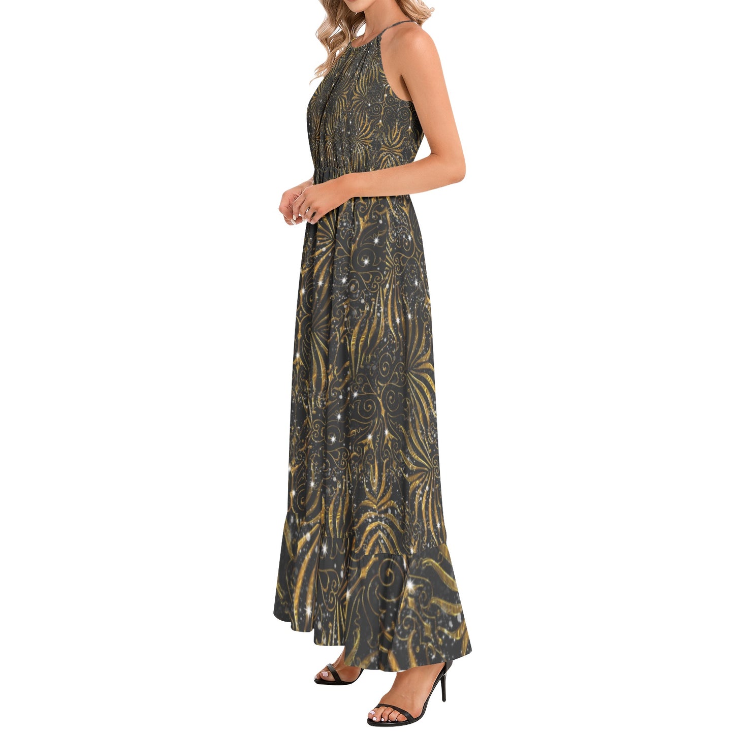 Black and Gold Victorian Sparkle Ruffle Hem Halter Neck Maxi Dress