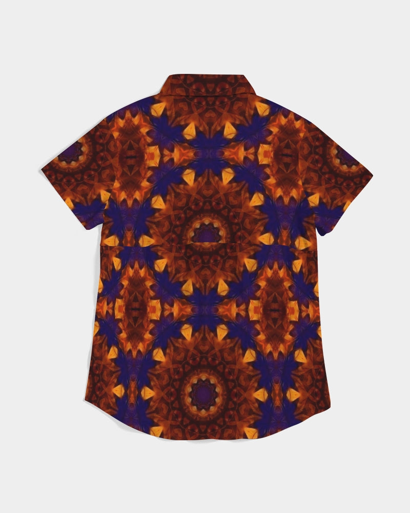 Blue Orange Red Kaleidoscope Women's All-Over Print Short Sleeve Button Up