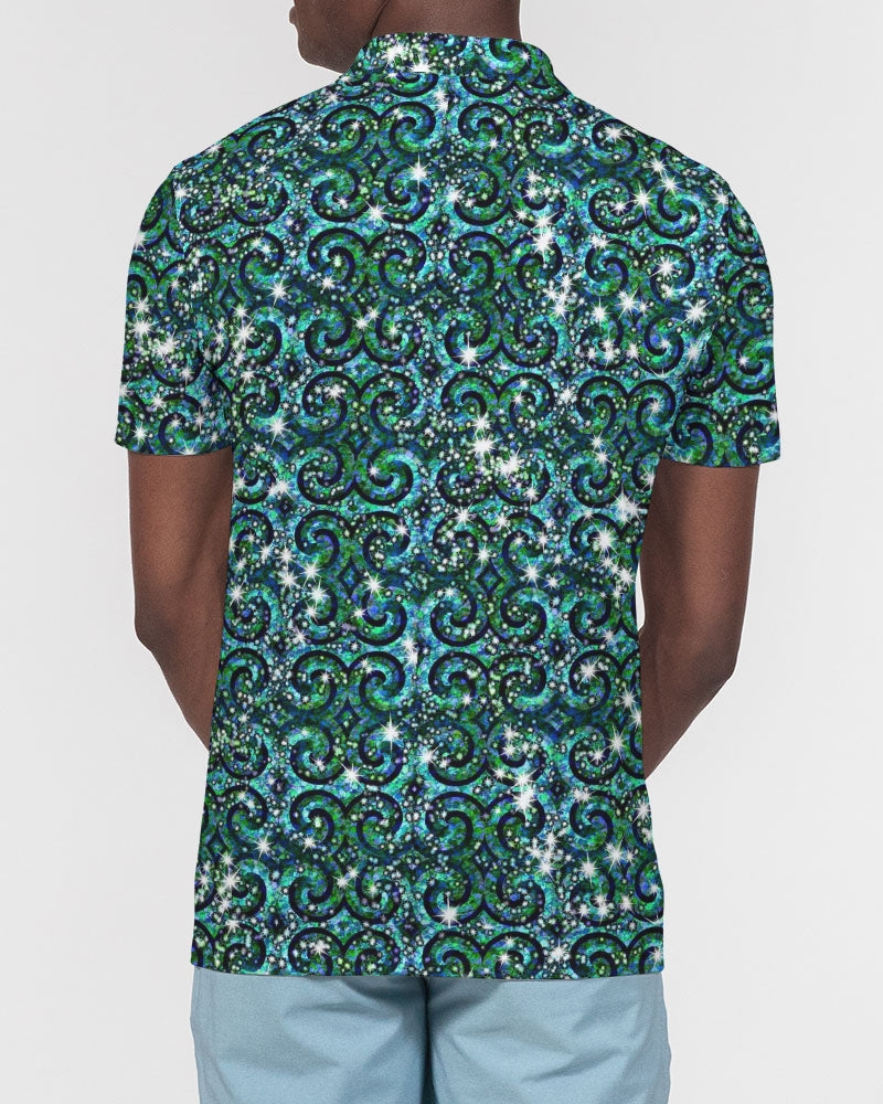 Blue Ice Sparkle Swirl Men's All-Over Print Slim Fit Short Sleeve Polo