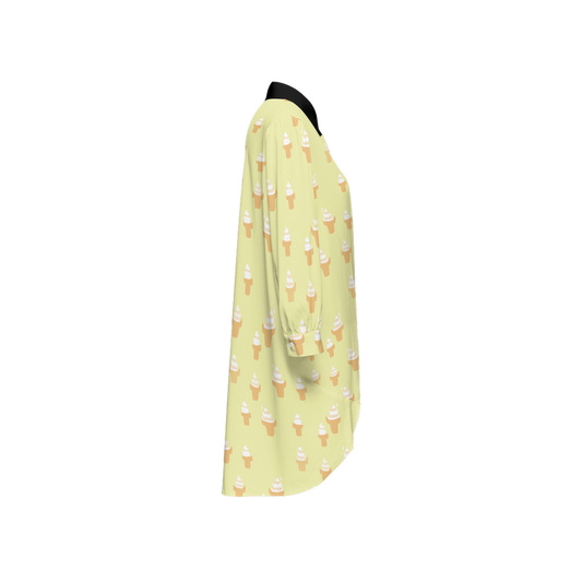 Ice Cream Cone Women's High-Low Long-Sleeve Hem Shirt Silky-like Elegance