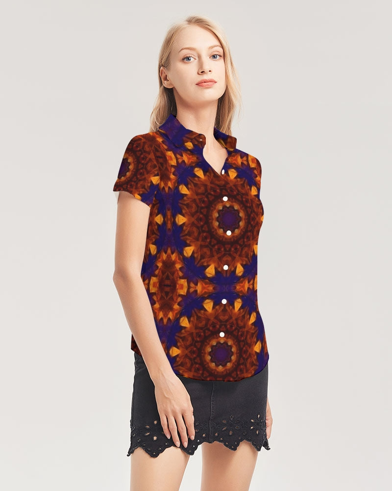 Blue Orange Red Kaleidoscope Women's All-Over Print Short Sleeve Button Up