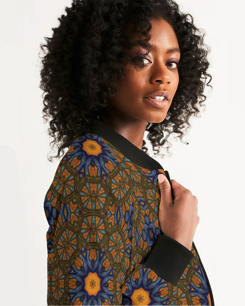 Blue and Yellow Sketch Kaleidoscope Women's All-Over Print Bomber Jacket