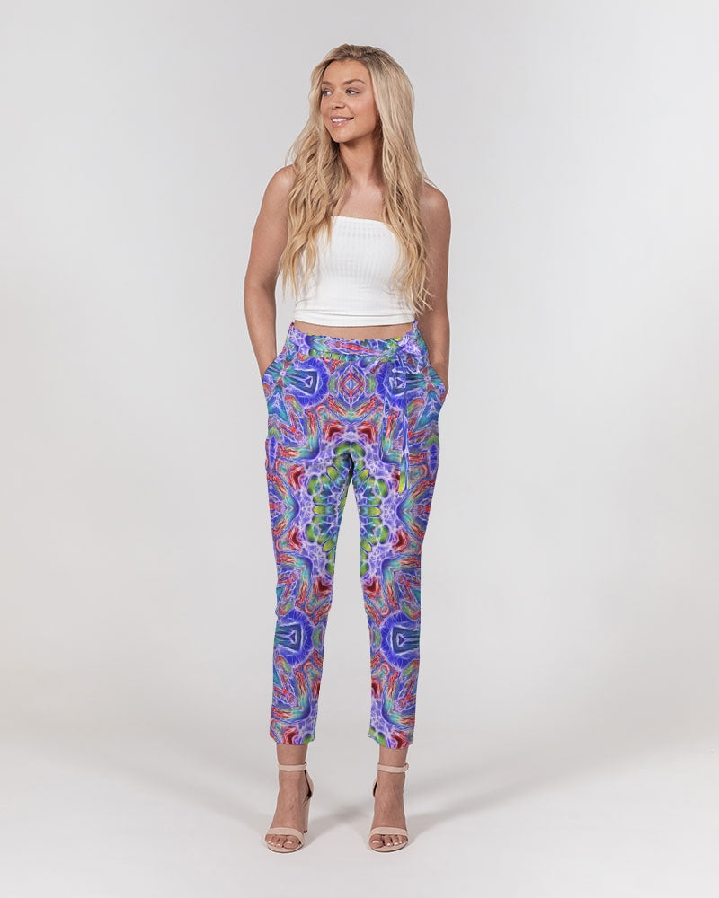 Blue Red Kaleidoscope Women's All-Over Print Belted Tapered Pants