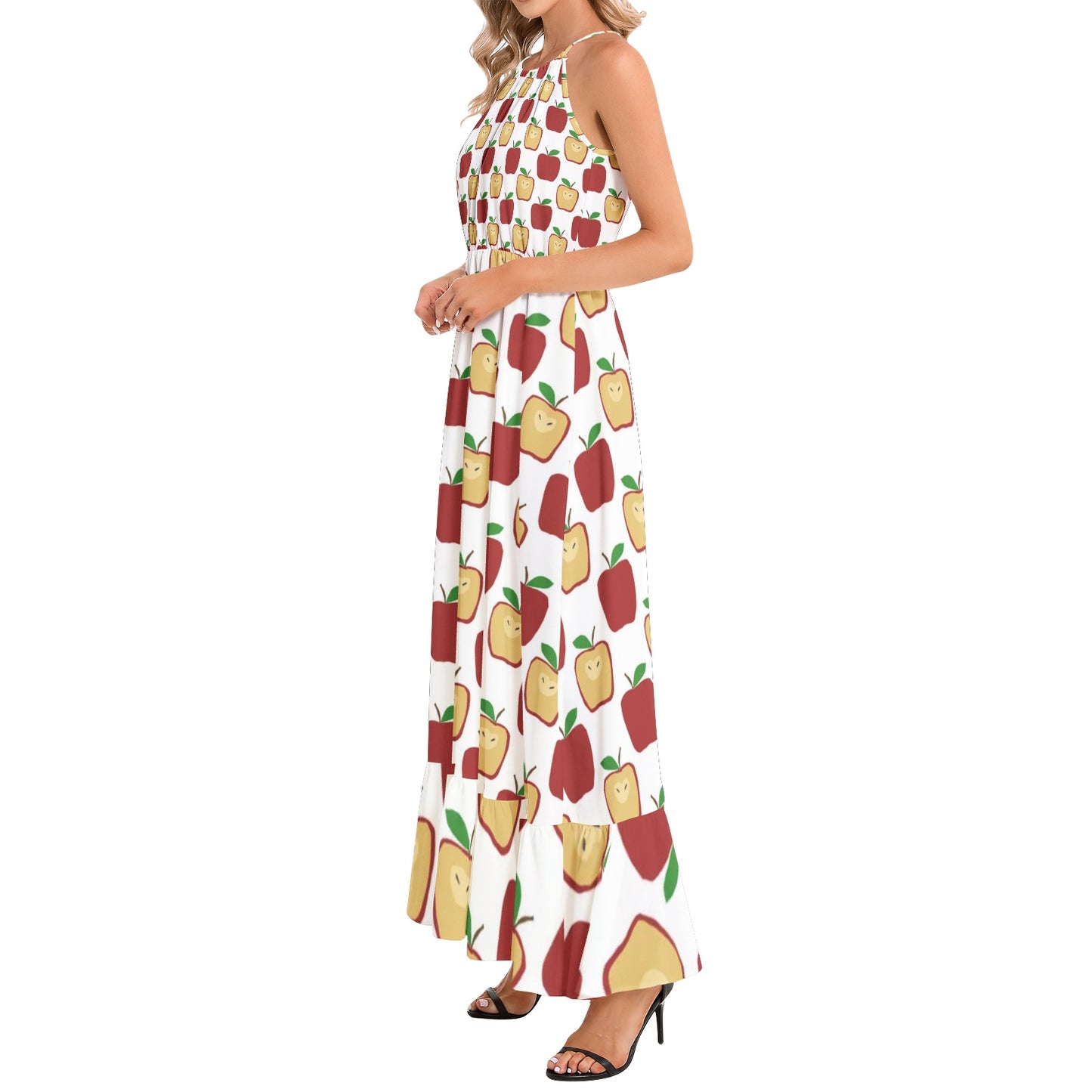 Apple Polkadots Ruffle Hem Halter Neck Maxi Dress