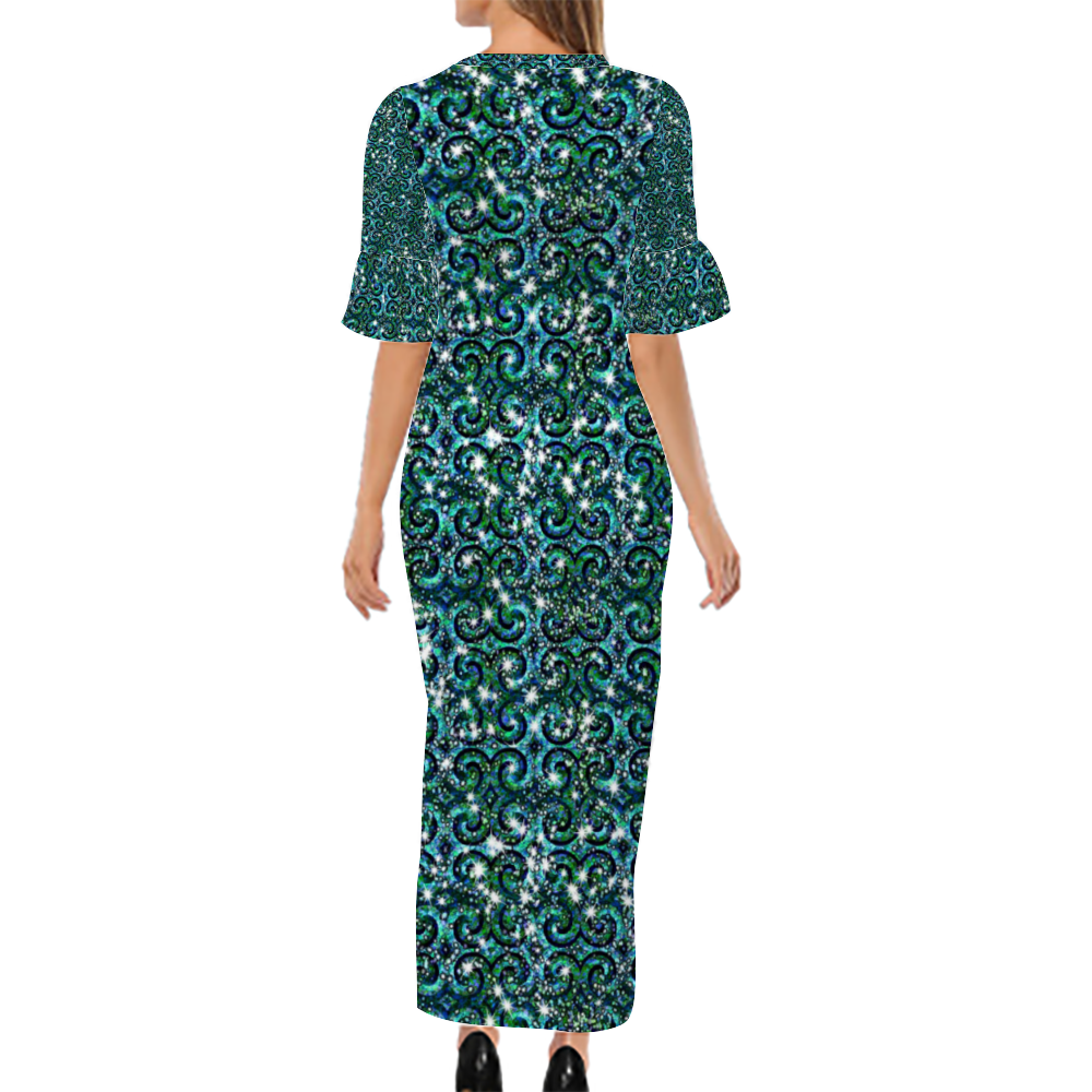 Blue Green Sparkle Swirl Custom Lotus Leaf Short Sleeve Long Dress Women's Summer Fashion Dress