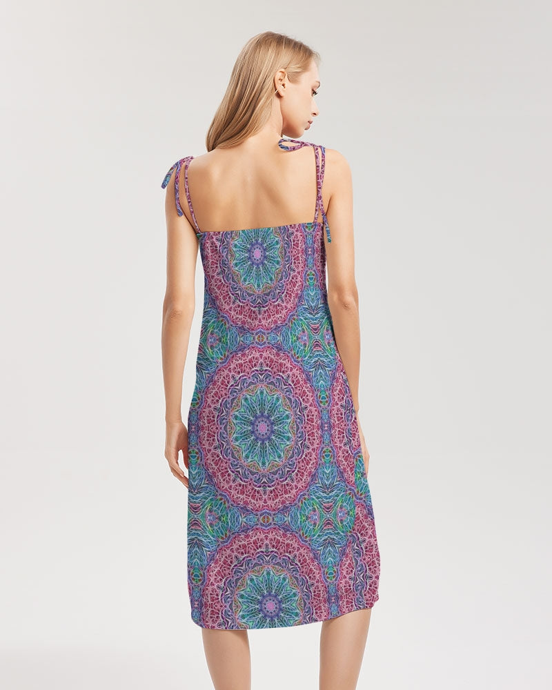 Blue Red Snowflake Kaleidoscope Women's All-Over Print Tie Strap Split Dress