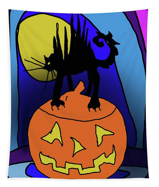 Cat On A Pumpkin - Tapestry