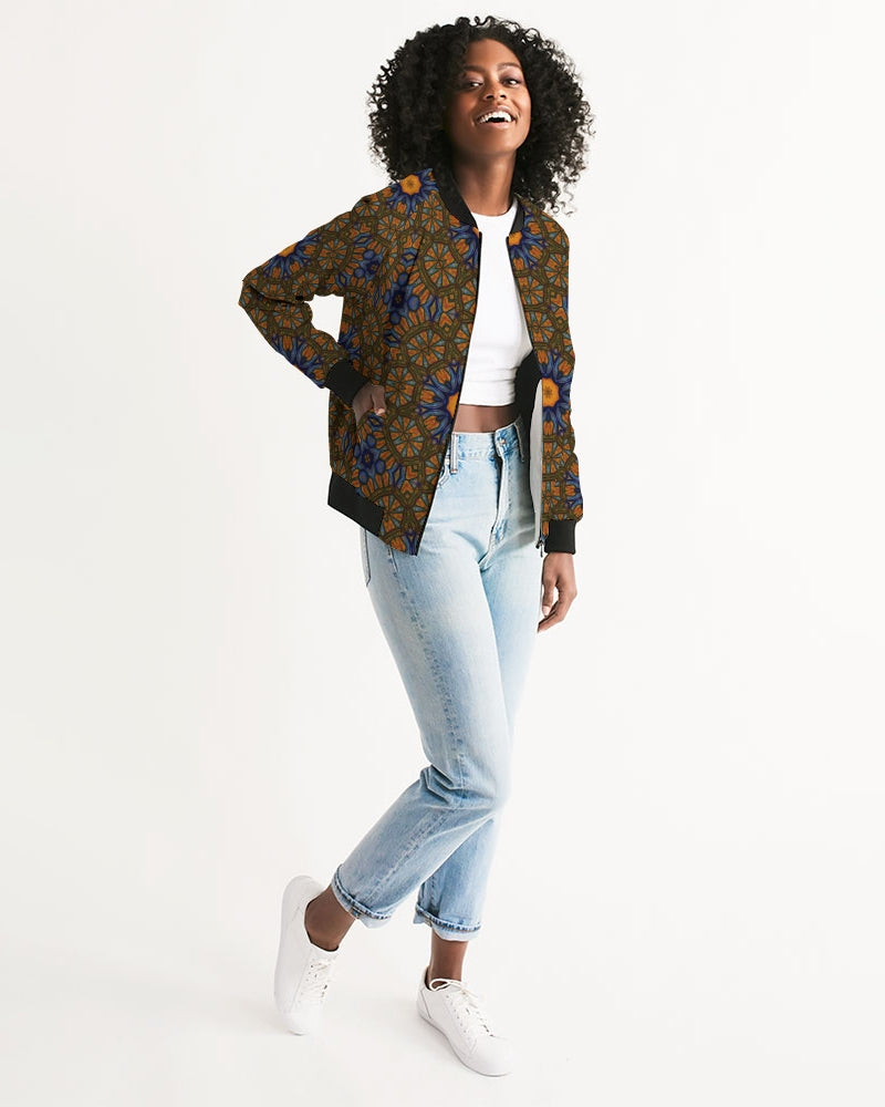 Blue and Yellow Sketch Kaleidoscope Women's All-Over Print Bomber Jacket