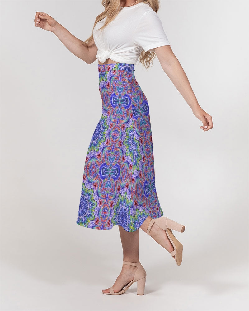Blue Red Kaleidoscope Women's All-Over Print A-Line Midi Skirt