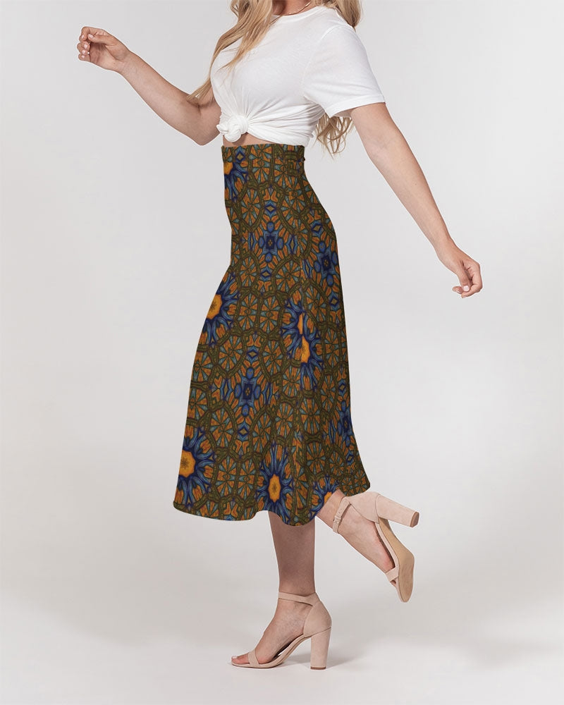 Blue and Yellow Sketch Kaleidoscope Women's All-Over Print A-Line Midi Skirt