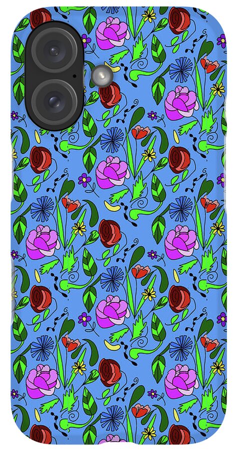Colorful Floral Pattern on Blue - Phone Case