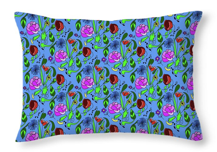 Colorful Floral Pattern on Blue - Throw Pillow