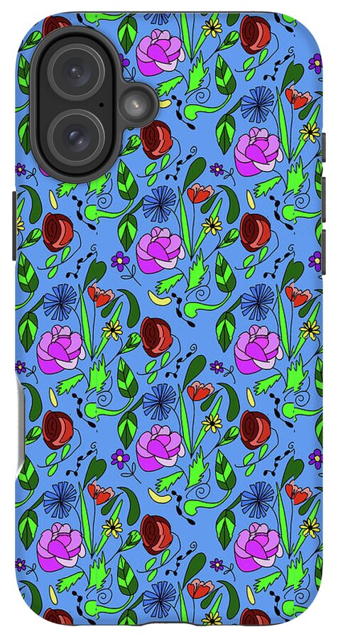Colorful Floral Pattern on Blue - Phone Case