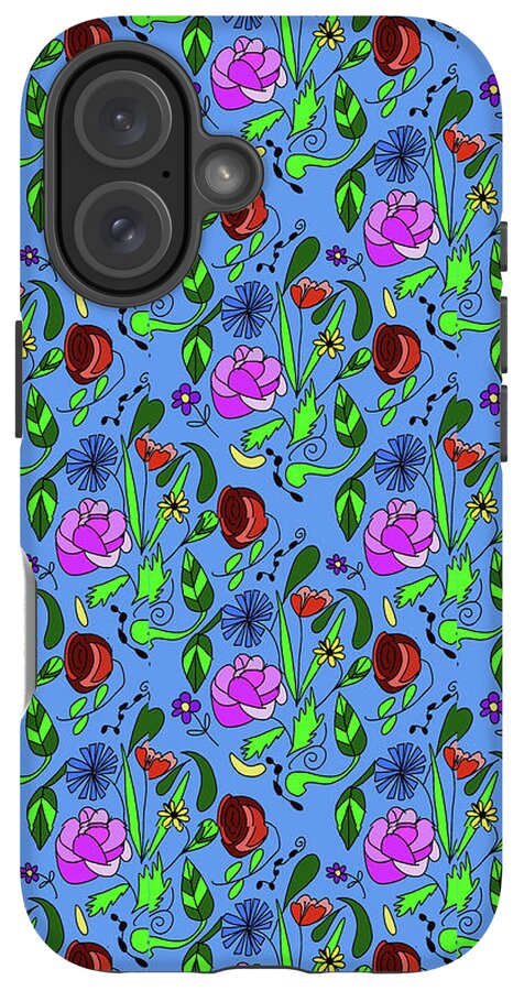 Colorful Floral Pattern on Blue - Phone Case