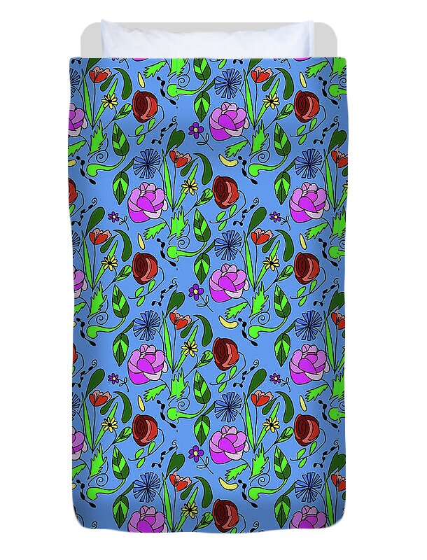 Colorful Floral Pattern on Blue - Duvet Cover
