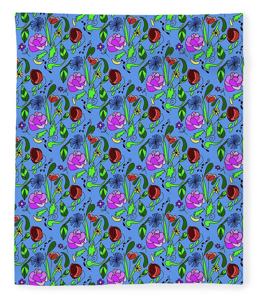 Colorful Floral Pattern on Blue - Blanket