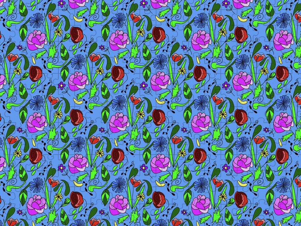 Colorful Floral Pattern on Blue - Puzzle