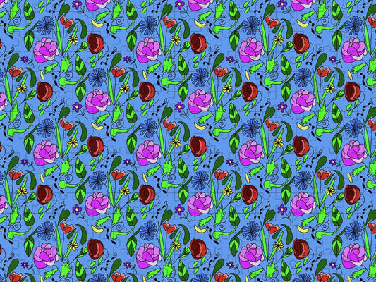 Colorful Floral Pattern on Blue - Puzzle