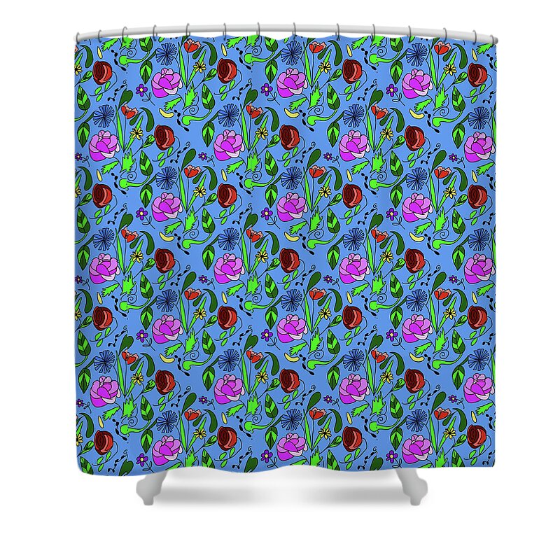 Colorful Floral Pattern on Blue - Shower Curtain