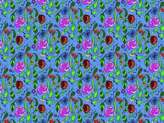 Colorful Floral Pattern on Blue - Puzzle