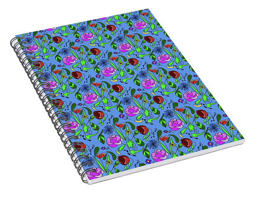Colorful Floral Pattern on Blue - Spiral Notebook