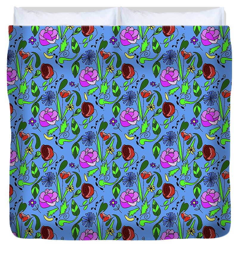 Colorful Floral Pattern on Blue - Duvet Cover