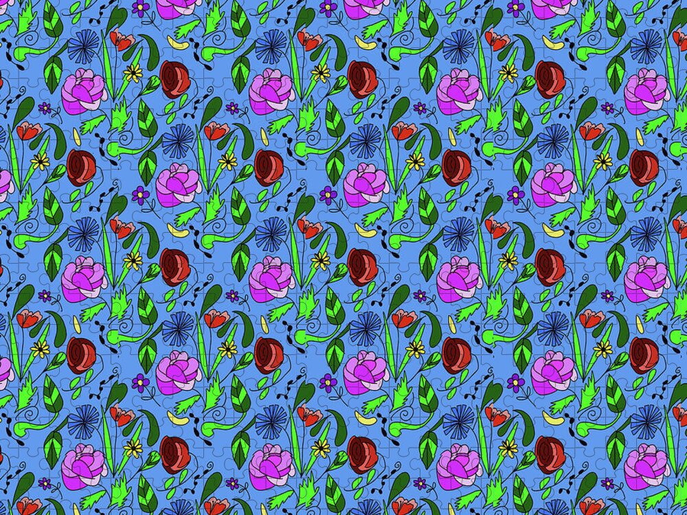 Colorful Floral Pattern on Blue - Puzzle