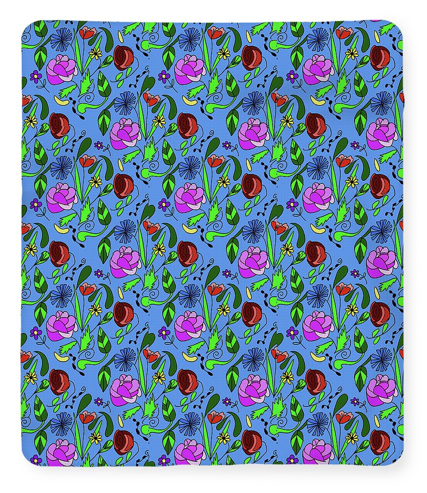 Colorful Floral Pattern on Blue - Blanket