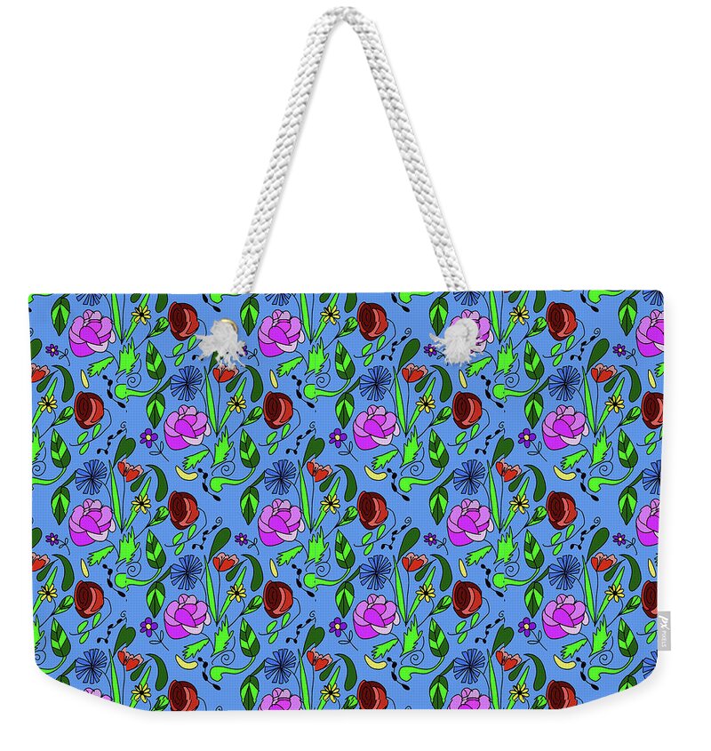 Colorful Floral Pattern on Blue - Weekender Tote Bag